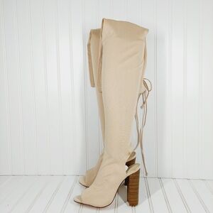 Olivia Imagine Open Toe Block Heel Cutout Heel Thigh High Heeled Boot C571